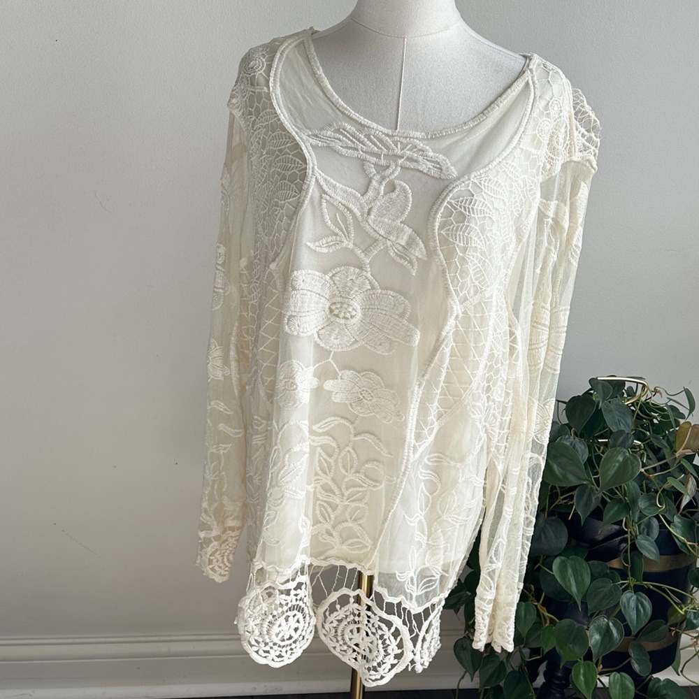 Vtg Ivory Coquette Floral Embroidered Sheer‎ Lace Layered Top Coastal Cowgirl 2X